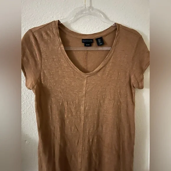 Tahari Tan V-Neck Linen T-Shirt size Small - Picture 5 of 8